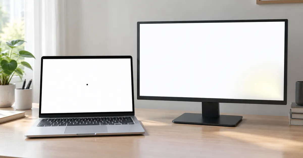 Laptop e monitor em um campo de teste branco, com um pixel morto preto e vazamento de luz no canto