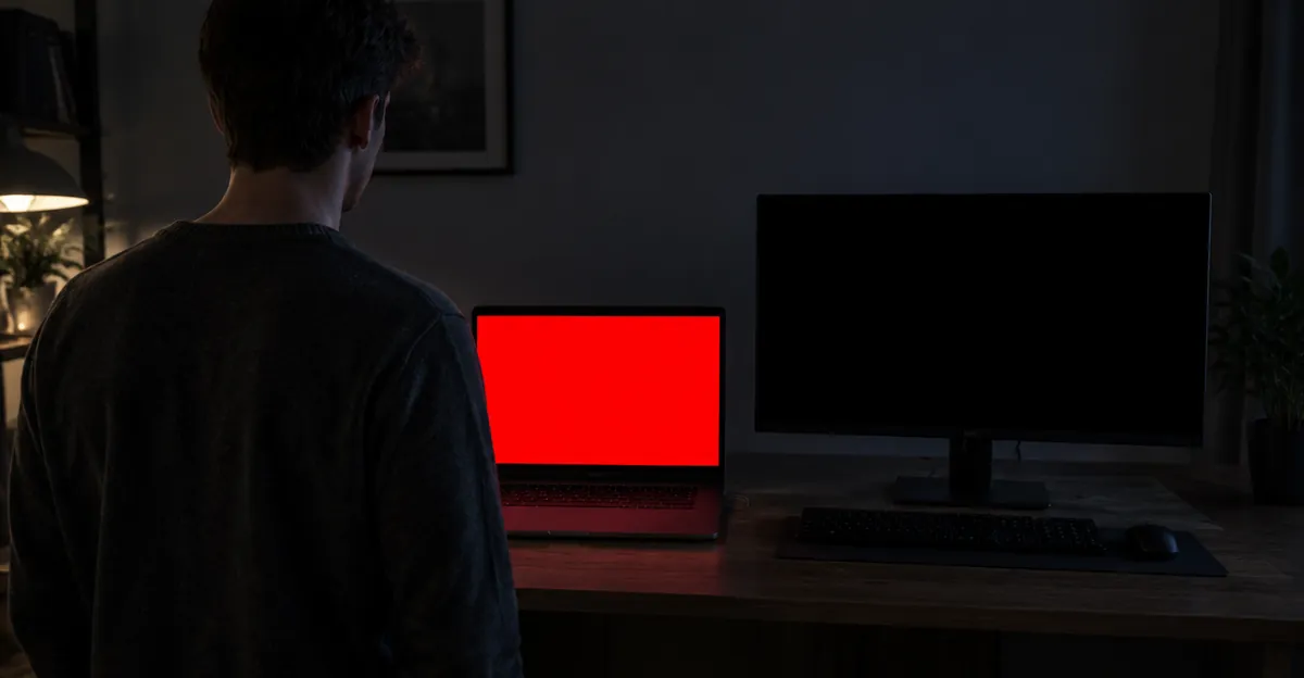 Pessoa inspecionando uma tela de laptop vermelha sólida e um monitor preto em um quarto escuro
