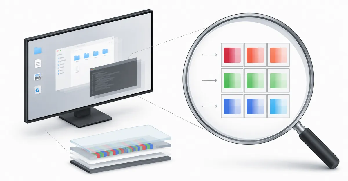 Schnittdiagramm eines LCD-Subpixels im Farbübergang mit Restfarbe, die vom vorherigen in den nächsten Frame überläuft