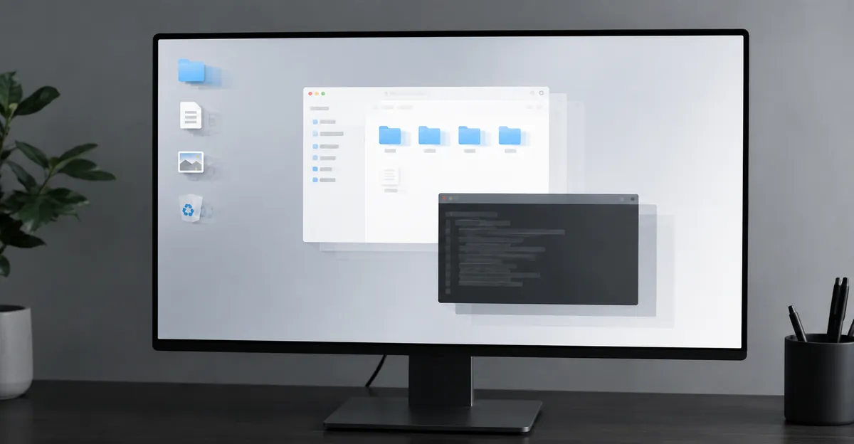 Computermonitor auf einem Schreibtisch mit durchscheinenden doppelten Schatten hinter jedem Bildschirmelement