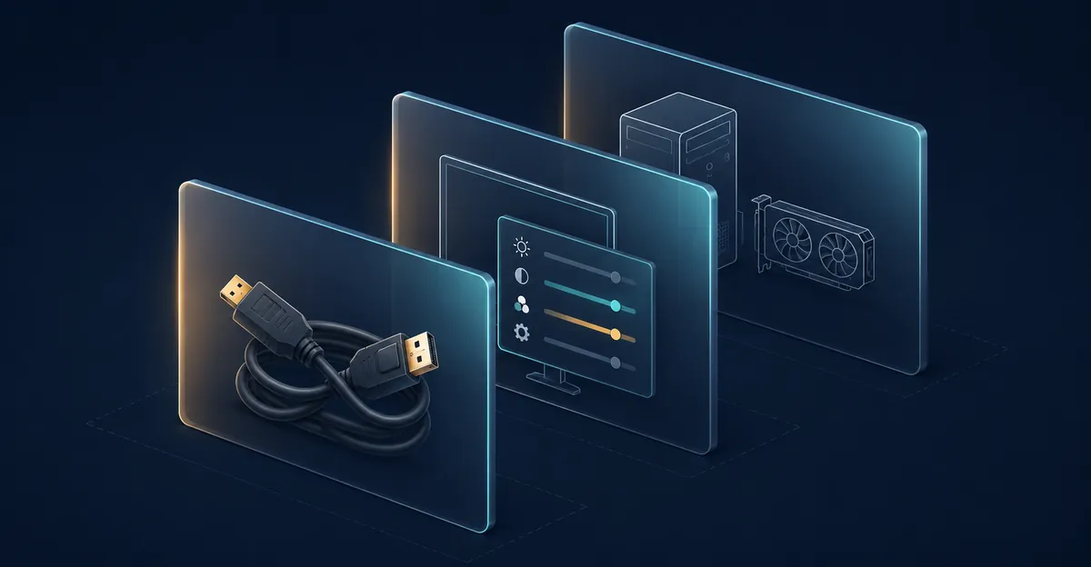 Geschichtetes Diagnose-Diagramm mit Videokabel, Monitor-OSD-Menü und Host-PC als drei übereinanderliegende Prüfebenen