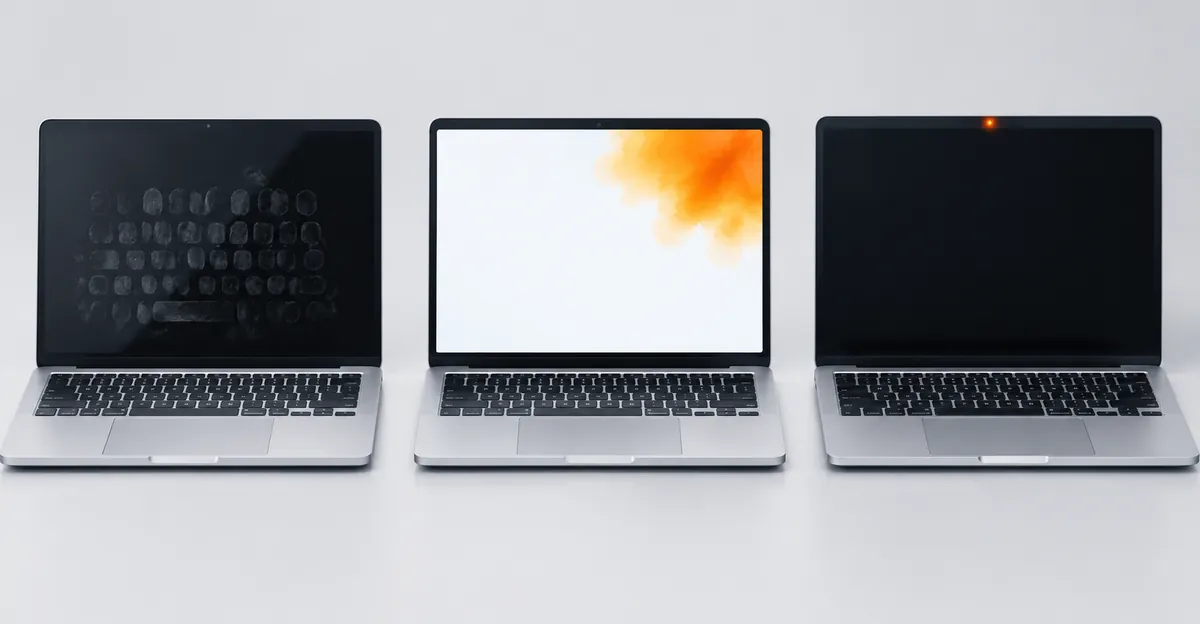 Tres portátiles: grasa del teclado en cristal oscuro, mancha naranja nublada en blanco y un punto naranja junto a la cámara