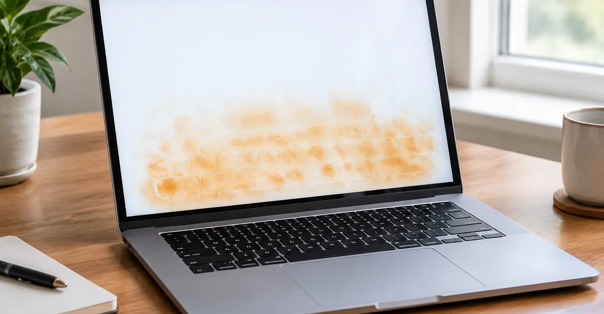 MacBook Pro plateado en un escritorio con huellas naranjas con forma de teclado en una pantalla blanca