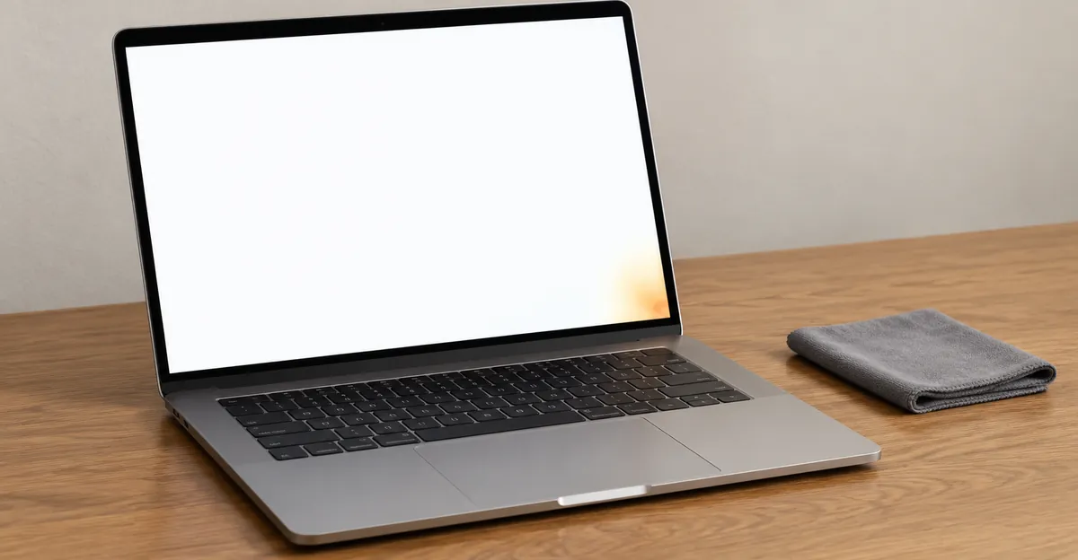 MacBook Pro en un campo de prueba blanco con una mancha naranja suave en la esquina y un paño de microfibra