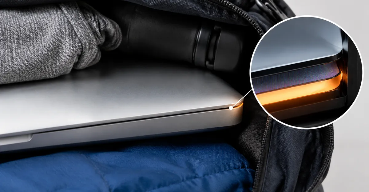 Closed MacBook compressed in a backpack with orange light leaking from a squeezed display edge