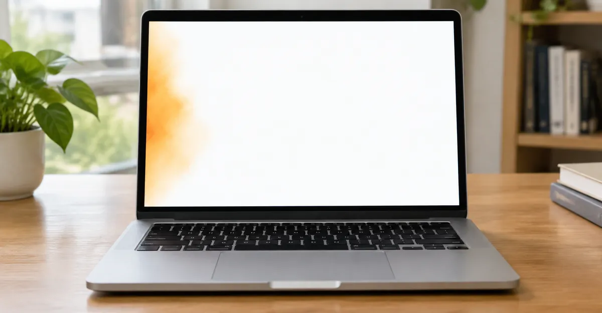 Silver MacBook Pro on a desk with a cloudy orange blotch on the left of a white screen
