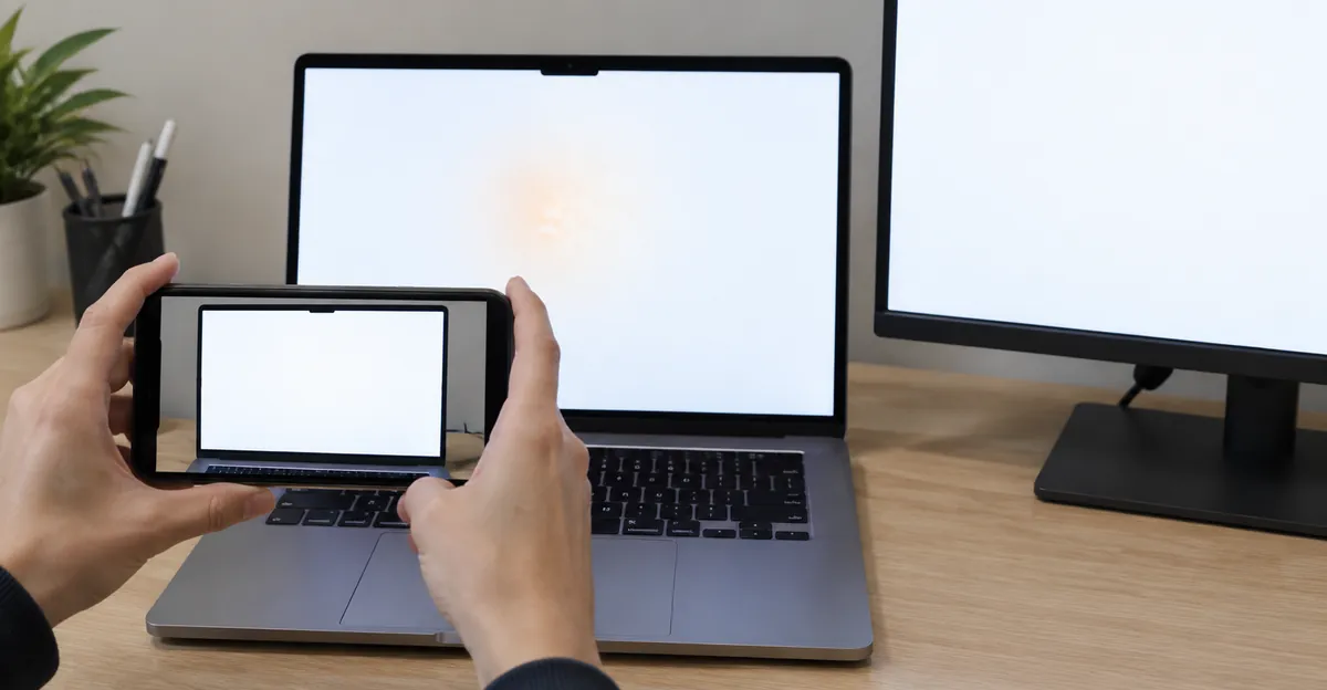 Phone photographing a MacBook white screen with an orange cloud, external monitor remaining clean
