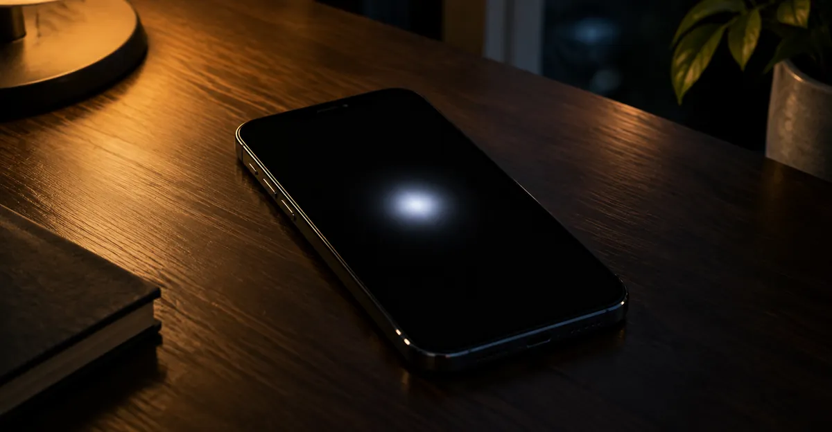 Teléfono sobre un escritorio oscuro con un brillo blanco suave en una pantalla negra
