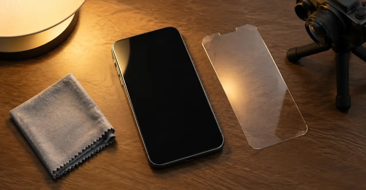 Teléfono con la pantalla apagada junto a una lámpara, un paño, el protector levantado y una segunda cámara