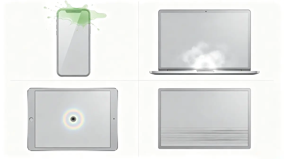 Grade de quatro painéis com padrões comuns de dano por água: celular com tom esverdeado, notebook com bloom na borda inferior, tablet com mancha escura e anel de arco-íris, monitor com faixas escuras horizontais