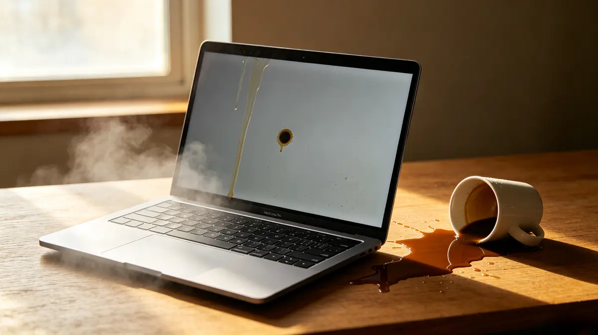 Notebook aberto em mesa de madeira com xícara de café tombada ao lado, tela mostra mancha embaçada, faixa vertical e pequeno ponto escuro por derramamento de líquido