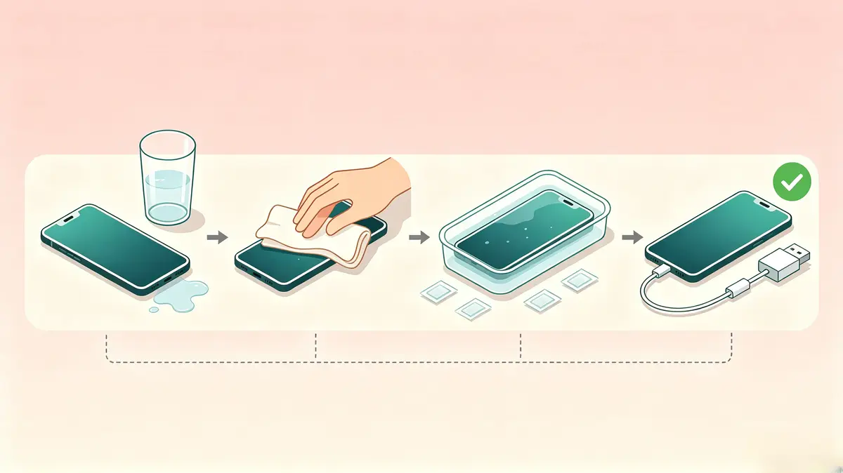 Fluxo de trabalho em quatro passos para dano por água em celular: copo de água tombado, secagem com pano, vedação em recipiente com gel de sílica, carregando com marca de verificação