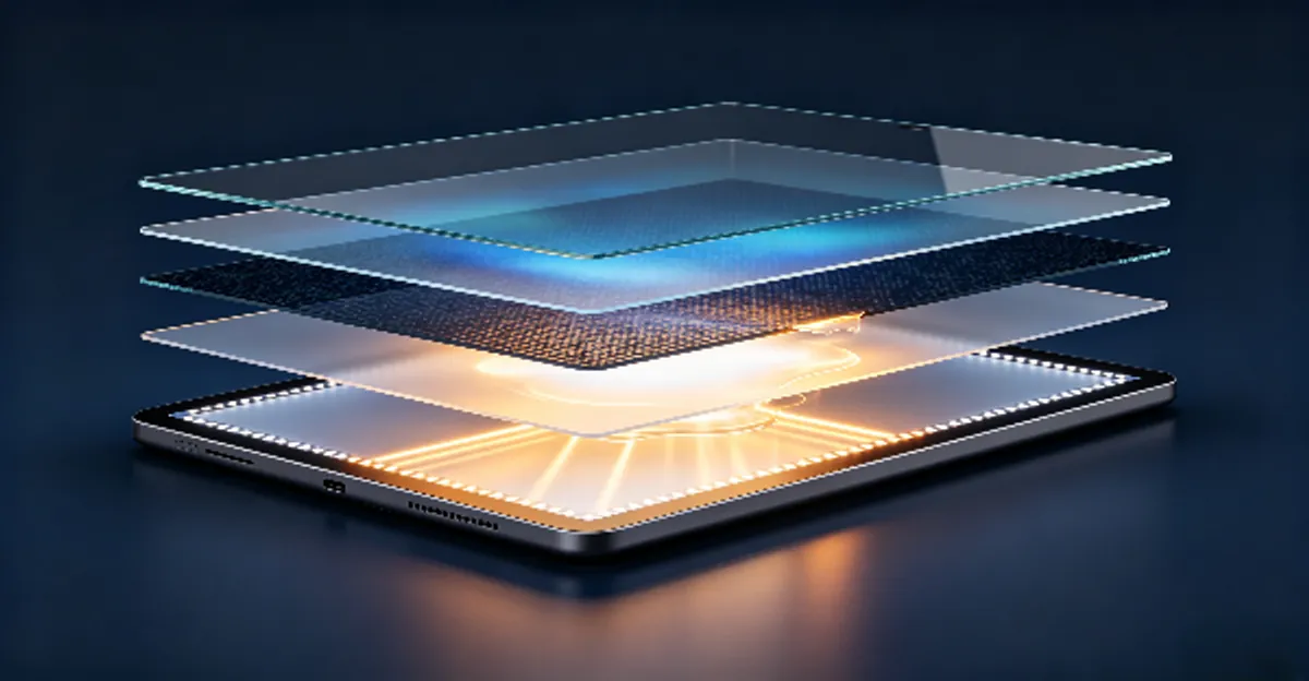 Sección transversal desplegada de la pila LCD del iPad que muestra un punto brillante en la capa difusora donde se acumula la retroiluminación