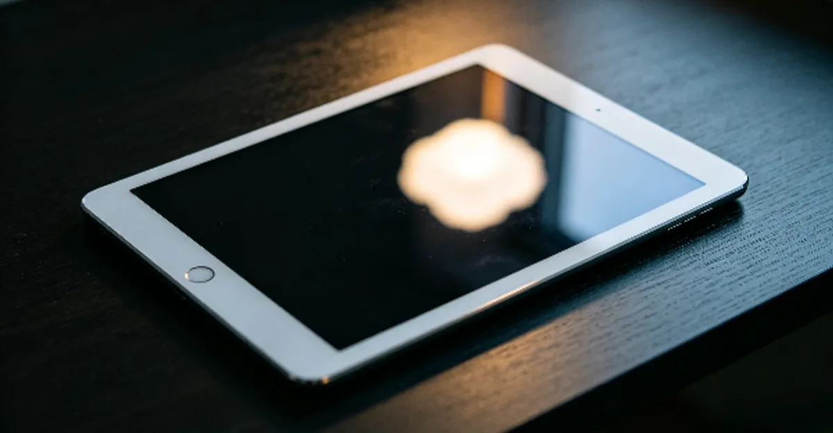iPad con una mancha blanca brillante y suave en la pantalla oscura, visto en ángulo sobre un escritorio