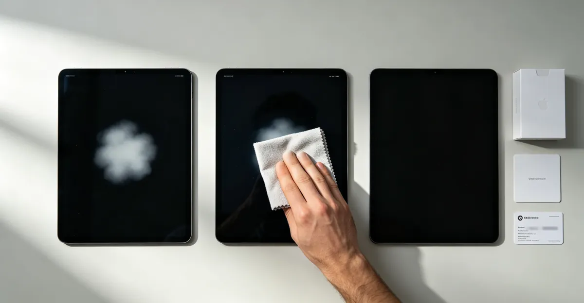 Flujo de trabajo desde una pantalla de diagnóstico negra con una mancha blanca, hasta una prueba con microfibra y opciones de servicio AppleCare