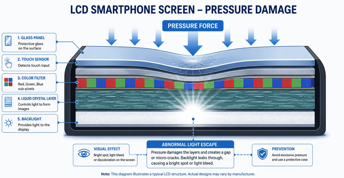 Four common causes of white spots on phone screens: physical pressure damage to the LCD layer, LED backlight misalignment, manufacturing defect, and heat-related delamination between display layers