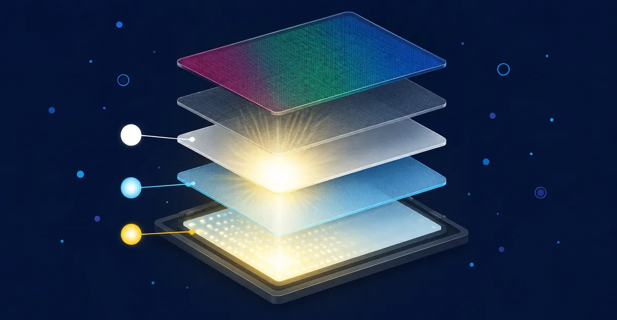 Explosionszeichnung eines LCD-Panels mit fünf gestapelten horizontalen Schichten — Hintergrundbeleuchtung, Lichtleiterplatte, Diffusorfilme, Polarisator und Flüssigkristallschicht — mit einem hellen weißen Fleck an der Diffusorfalte, durch den Hintergrundlicht austritt