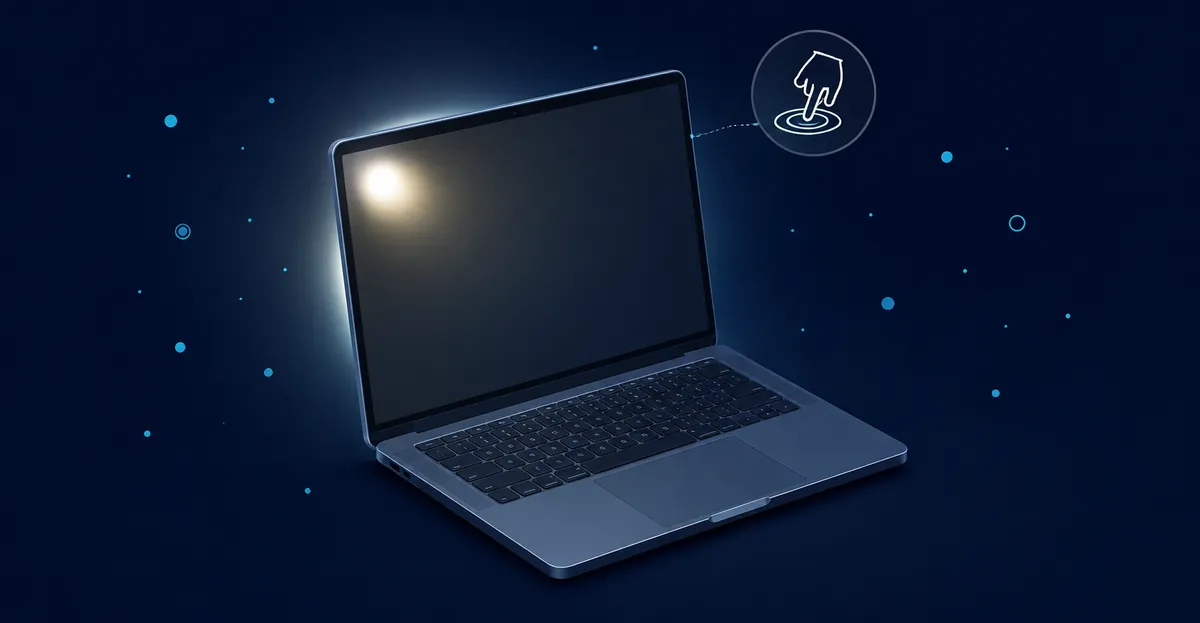Breitbild-LCD-Monitor mit dunklem Bild und einem hellen weißen, wolkenartigen Fleck in der Nähe der Bildschirmmitte, der einen typischen druckbedingten weißen Fleck durch eine geknickte LCD-Hintergrundbeleuchtungs-Diffusorfolie zeigt