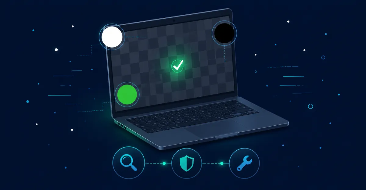 Laptop-Bildschirm mit einem dezenten Schachbrett-Testraster, drei schwebenden Vollfarb-Diagnosekreisen (weiß, schwarz, grün) und drei Schritt-Abzeichen darunter: Lupe, Schild und Schraubenschlüssel, mit einem grünen Häkchen-Leuchten auf dem Bildschirm