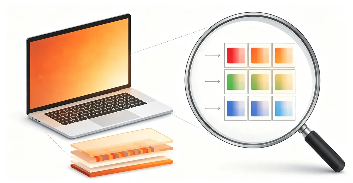 Flat illustration showing three colored circles — red on the left, green in the middle, and blue on the right as a faded dashed outline — merging downward into a single bright orange circle, symbolizing how the missing blue channel produces an orange screen