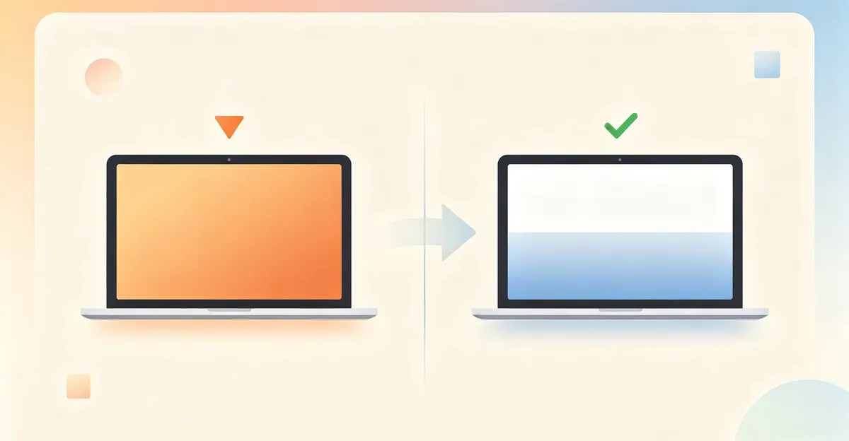 Four-step diagnosis and repair workflow for orange screens: disable blue-light filter, reset color profile, reinstall graphics driver, and verify hardware cable — shown as four numbered step cards in a horizontal row