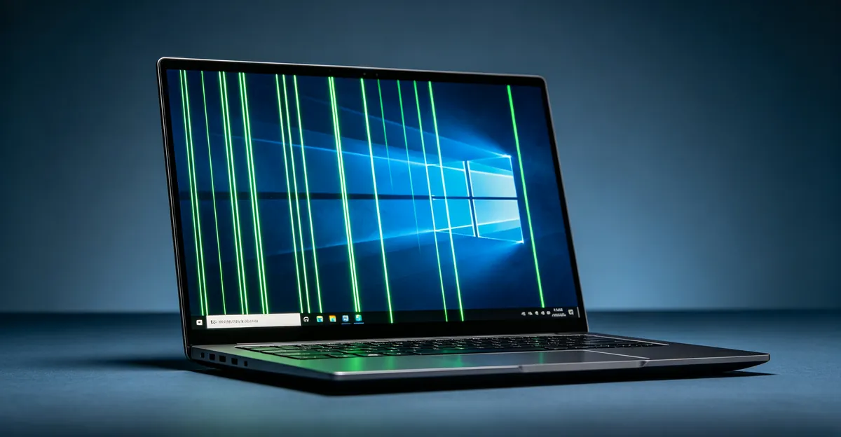 Laptop displaying Windows 10 interface with bright green vertical lines running across the screen, illustrating a common Windows 10 display driver issue