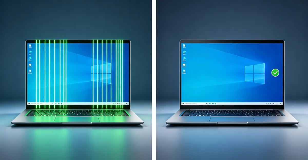 Before and after comparison showing laptop screen with green vertical lines on left and perfectly normal Windows 10 desktop on right with success indicator
