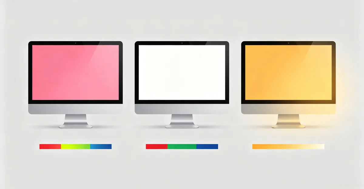 Comparación de tres monitores en fondo blanco: centro muestra blanco neutro normal, izquierda tinte magenta-rosa por canal azul faltante, derecha tinte amarillo cálido por temperatura de color desplazada, con diagramas RGB simplificados debajo