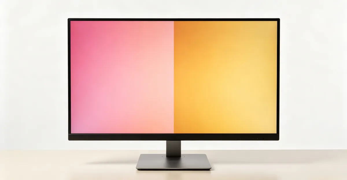 Monitor LCD widescreen moderno con prueba de color dividida — mitad izquierda con tinte magenta-rosa y mitad derecha con tinte ámbar-amarillo cálido sobre fondo blanco puro, ilustrando pantalla rosa y tinte amarillo