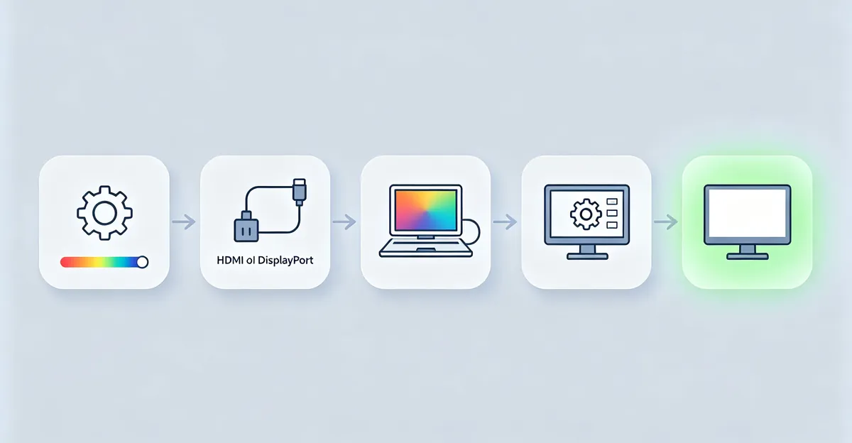 Flujo de diagnóstico de cinco pasos como tarjetas conectadas: ajustes de color de pantalla, reconexión de cable, prueba con monitor externo, restablecimiento OSD y solución confirmada con marca verde en prueba de blanco neutro
