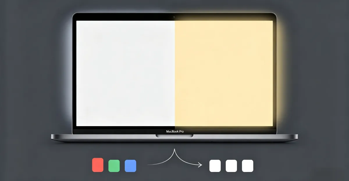 Comparación lado a lado de la pantalla del MacBook Pro: blanco neutro normal a la izquierda y pantalla con tinte amarillo a la derecha, con un diagrama de barras de canal azul reducido debajo