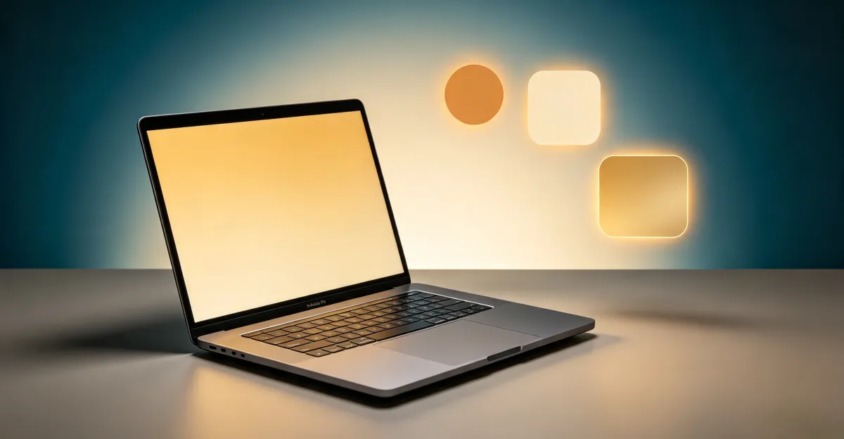 MacBook Pro con tinte amarillo cálido sobre fondo blanco neutro y muestras de color ámbar flotantes que ilustran el desplazamiento cromático
