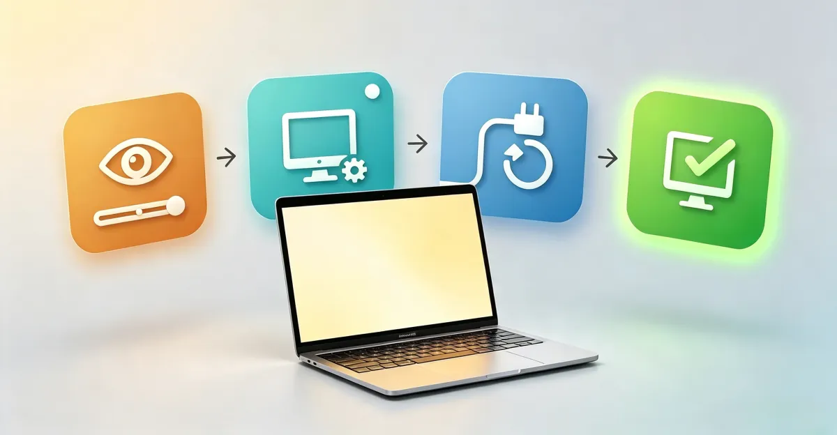 Flujo de diagnóstico de cuatro pasos ilustrado como tarjetas conectadas: control deslizante de ajustes, monitor con engranaje, actualización de cable y solución confirmada con marca verde