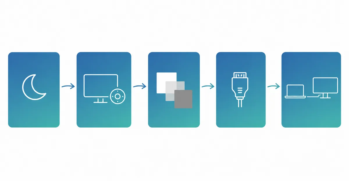 Flujo de trabajo de diagnostico de pantalla amarilla en cinco pasos: alternador de configuracion, menu de monitor, perfil de color, verificacion de cable, cambio de fuente
