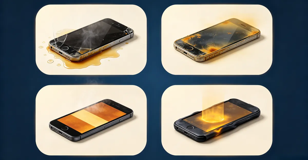 Four-panel illustration showing the four causes of yellow spots on mobile screens: liquid damage, adhesive degradation, heat damage, and battery swelling