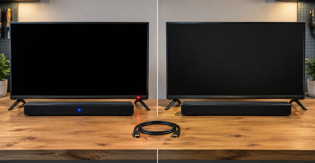 Side-by-side TVs comparing an audio-on black screen with a fully dark panel
