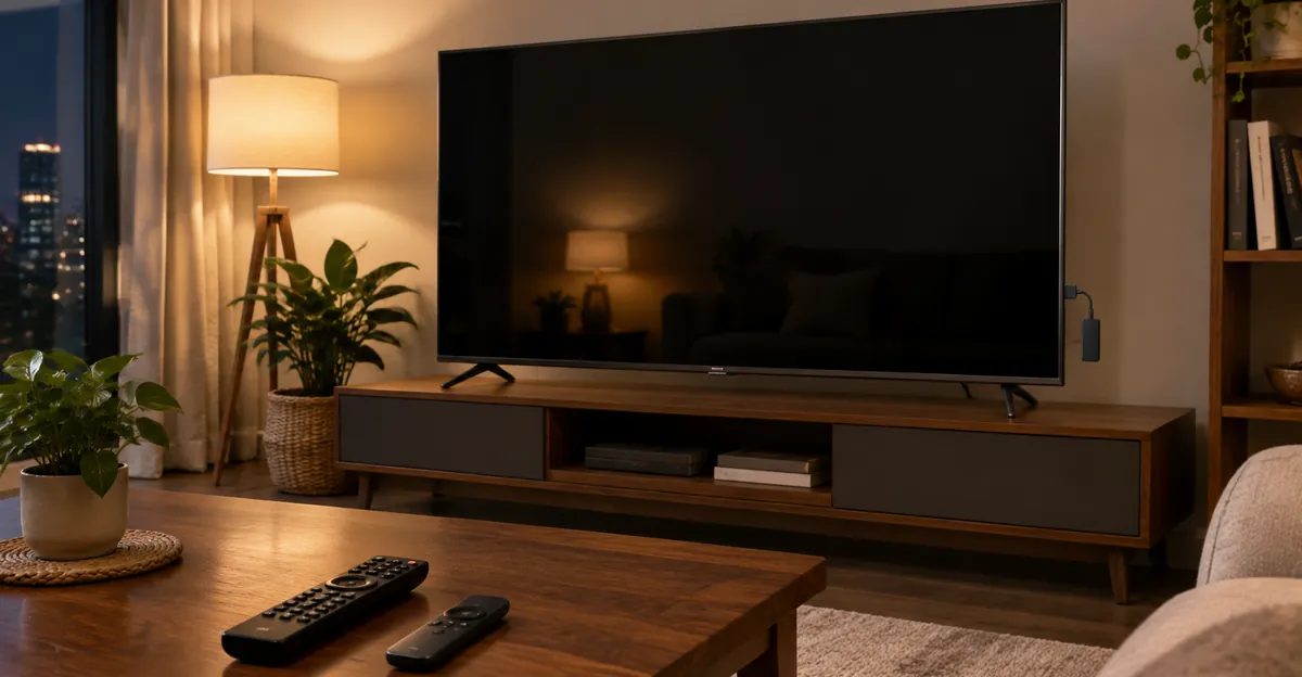 Living room smart TV showing a black picture with remotes and a streaming stick