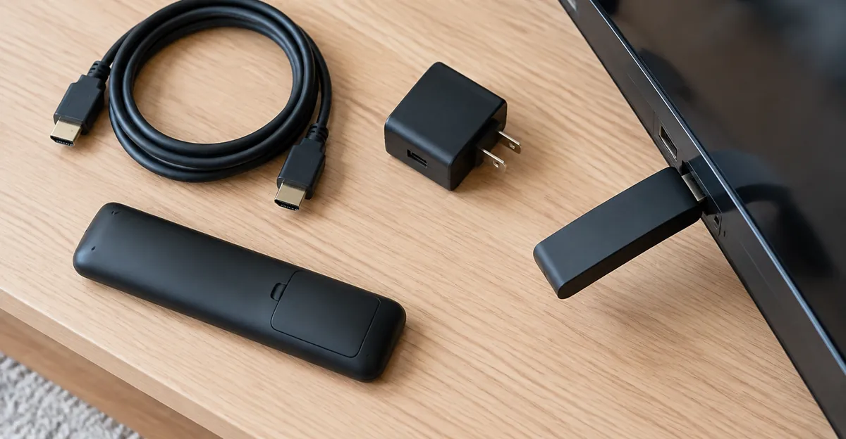 HDMI cable, power adapter, remote, and streaming stick unplugged from a TV